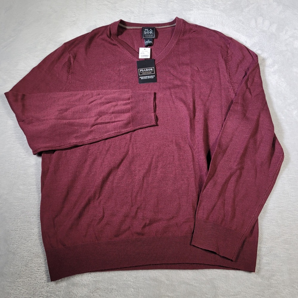 Jos A Bank Sweater Mens XXL Burgundy Traveler 100% Merino Wool V-Neck J027462